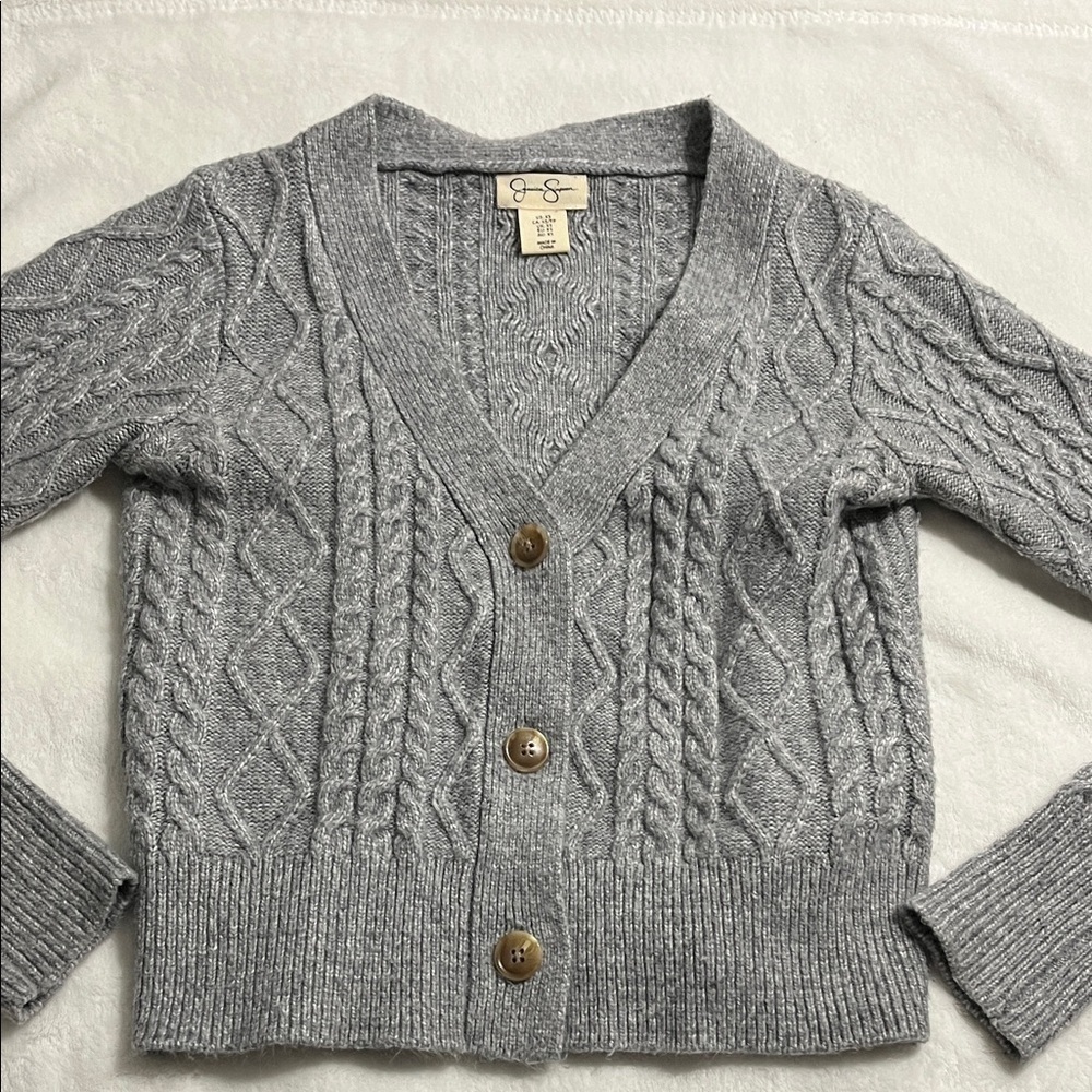 Elegant Cropped Gray Cable Knit Cardigan for Women